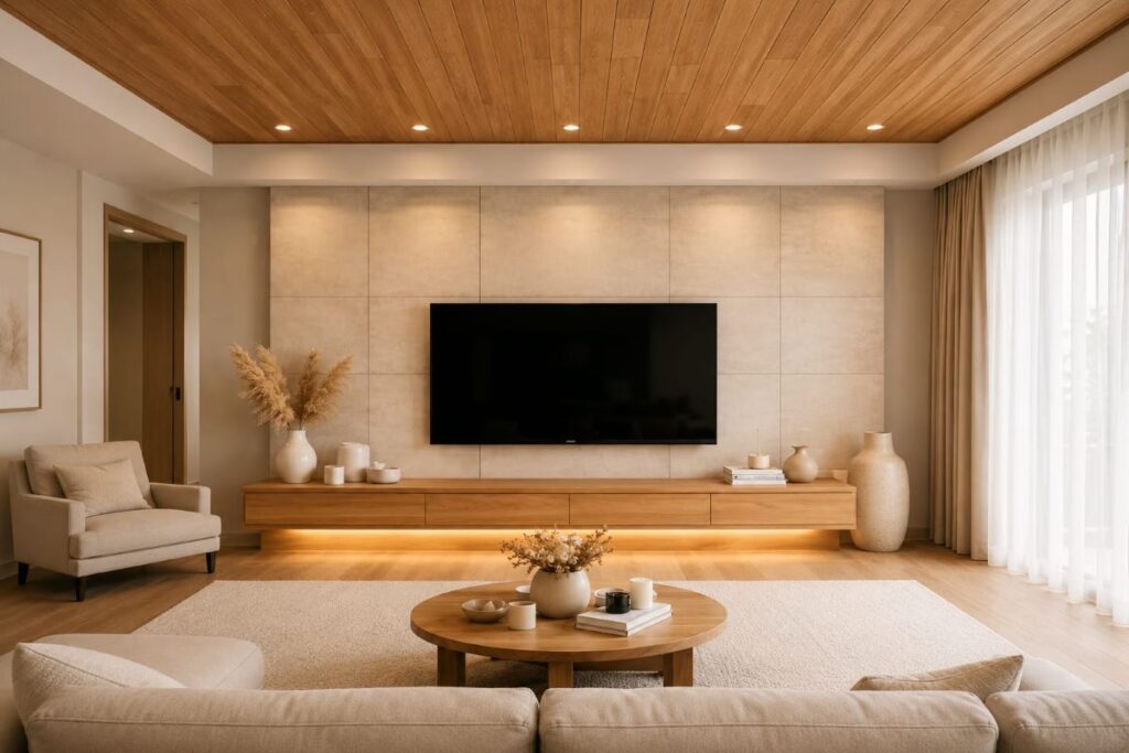 Scandinavian beige TV room showcasing natural wood ceiling panels