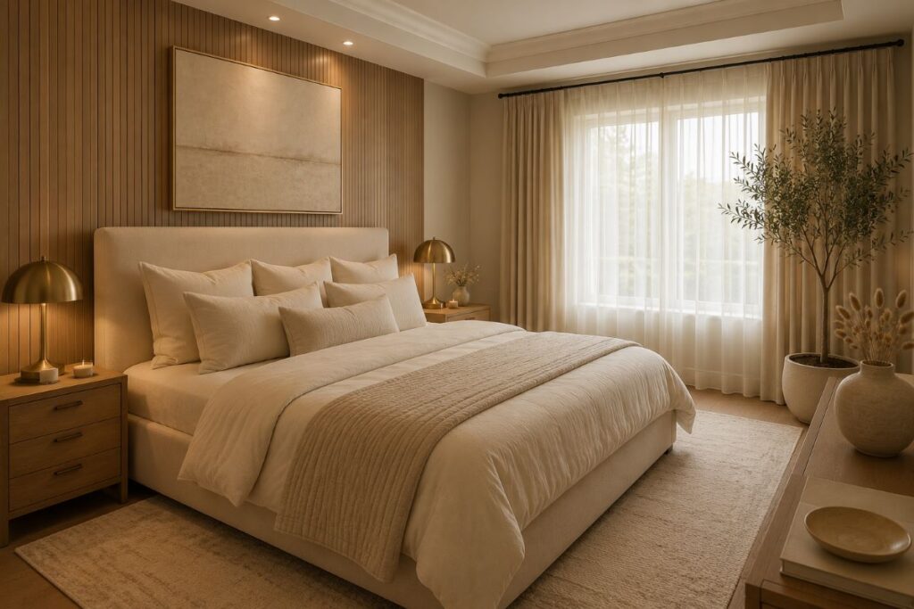 Restful bedroom showcasing layered textures and warm lighting