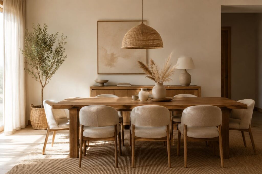 Luxury beige dining room with natural decor elements and warm earthy tones.