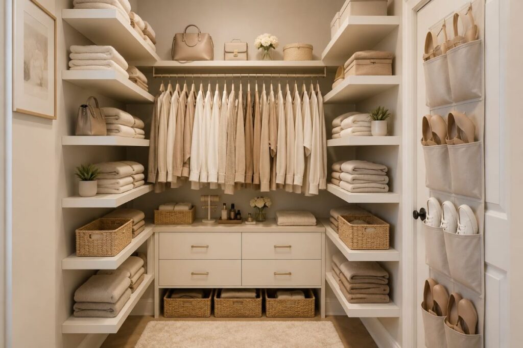 Compact closet with floating shelves and vertical storage