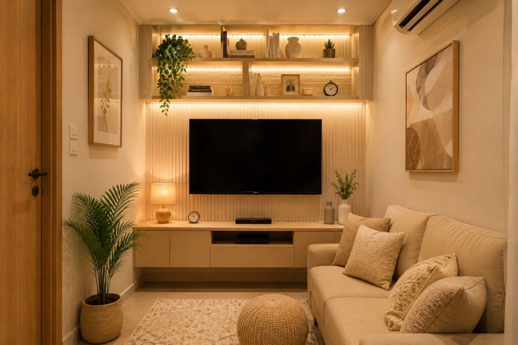 Small beige TV lounge organized with floating console storage
