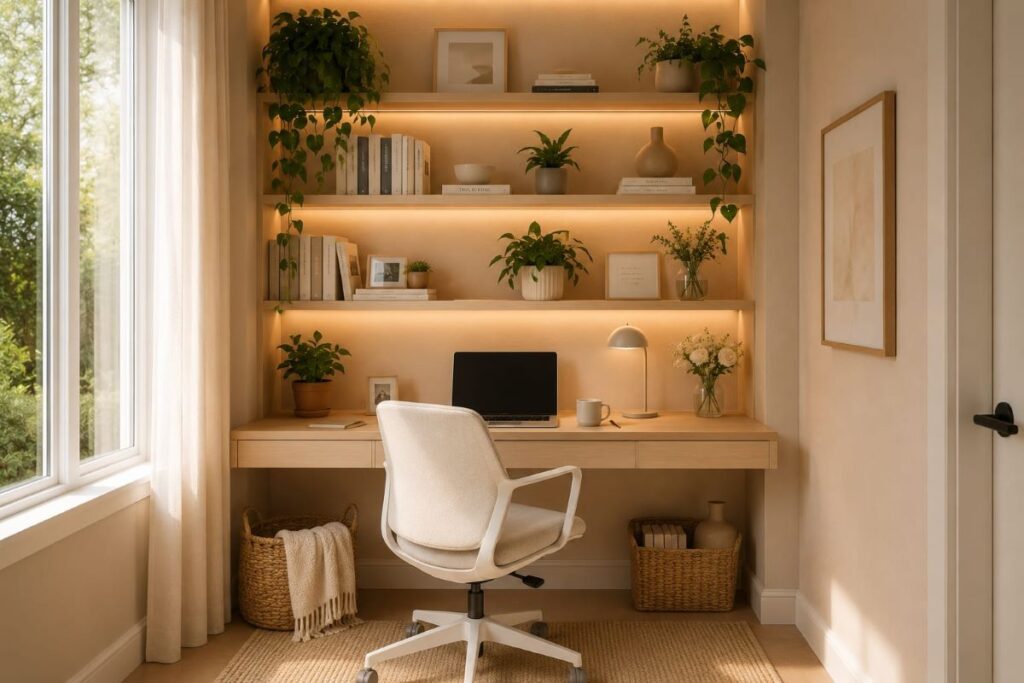Compact workspace with built-in shelves and ambient lighting