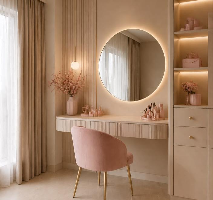 Feminine vanity featuring blush chair warm lighting and soft beige glam aesthetic