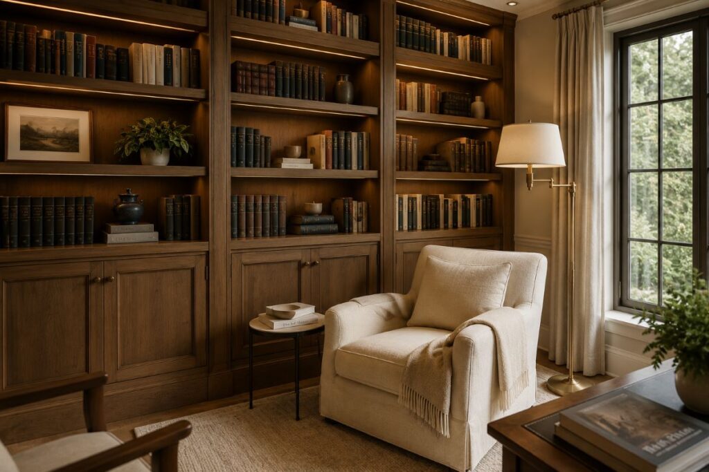 Organized library with wooden shelves and reading chair