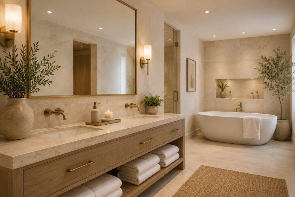 Luxury bathroom with stone vanity and warm lighting"
