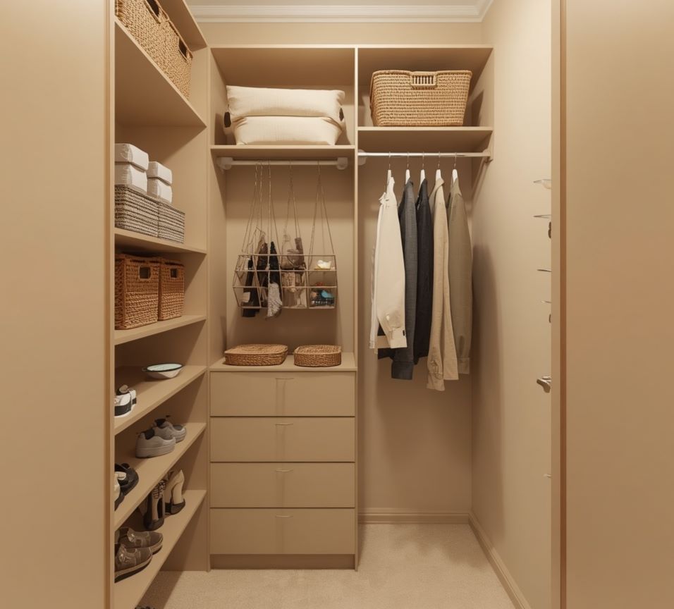 Small closet maximizing vertical space with floor-to-ceiling shelving