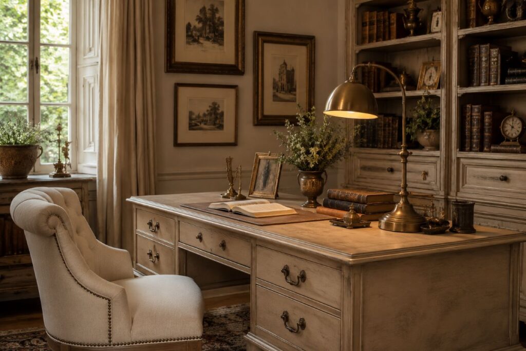 Sophisticated workspace with antique desk and brass accents