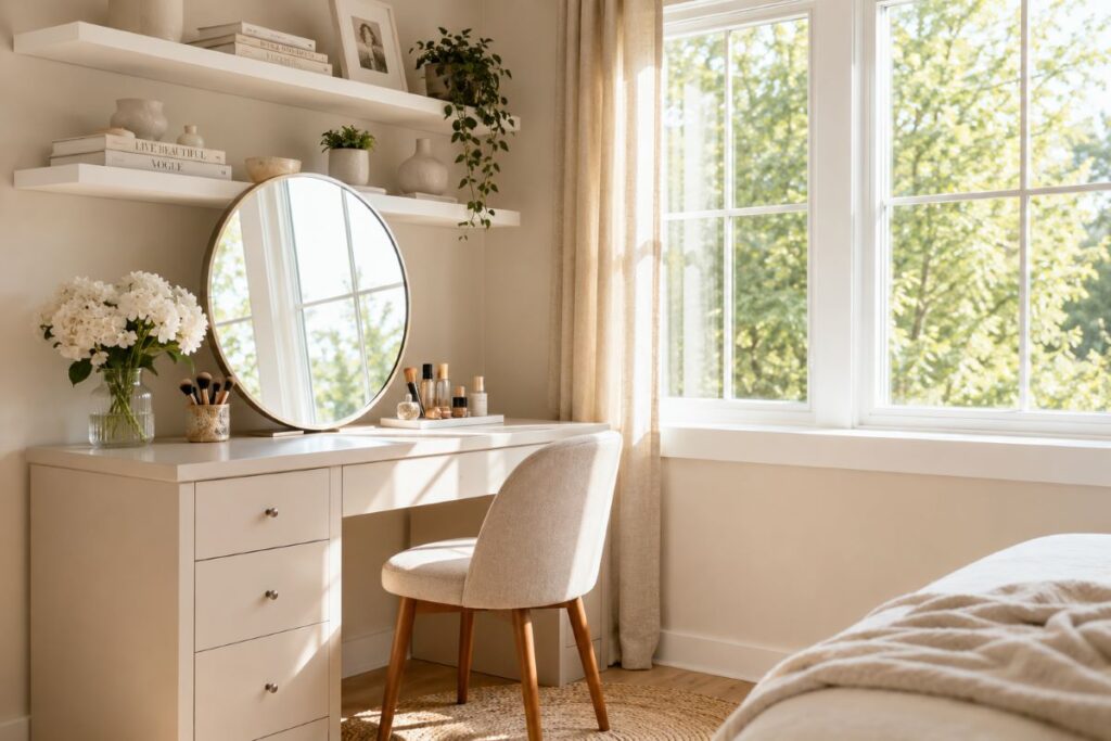 Bright vanity placed near window with natural light and soft curtain backdrop