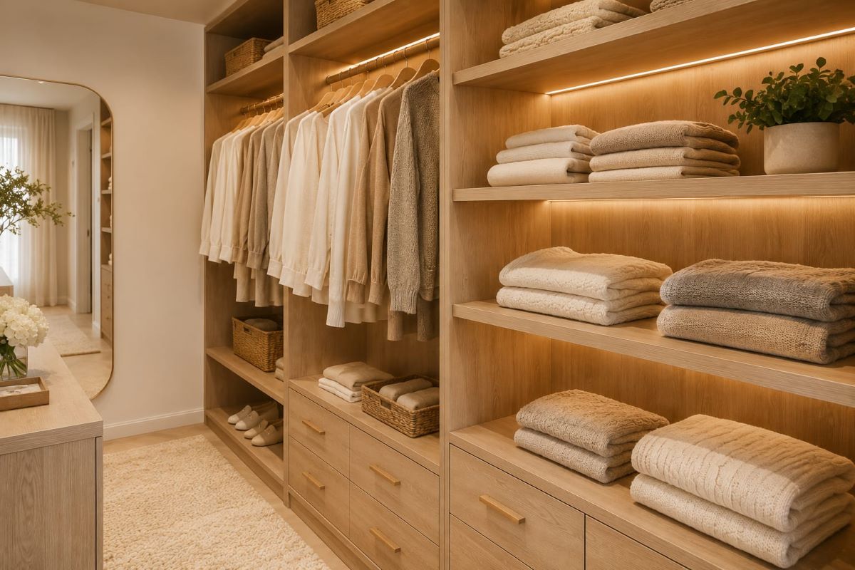 Natural wood shelves showcasing organized beige folded sweaters