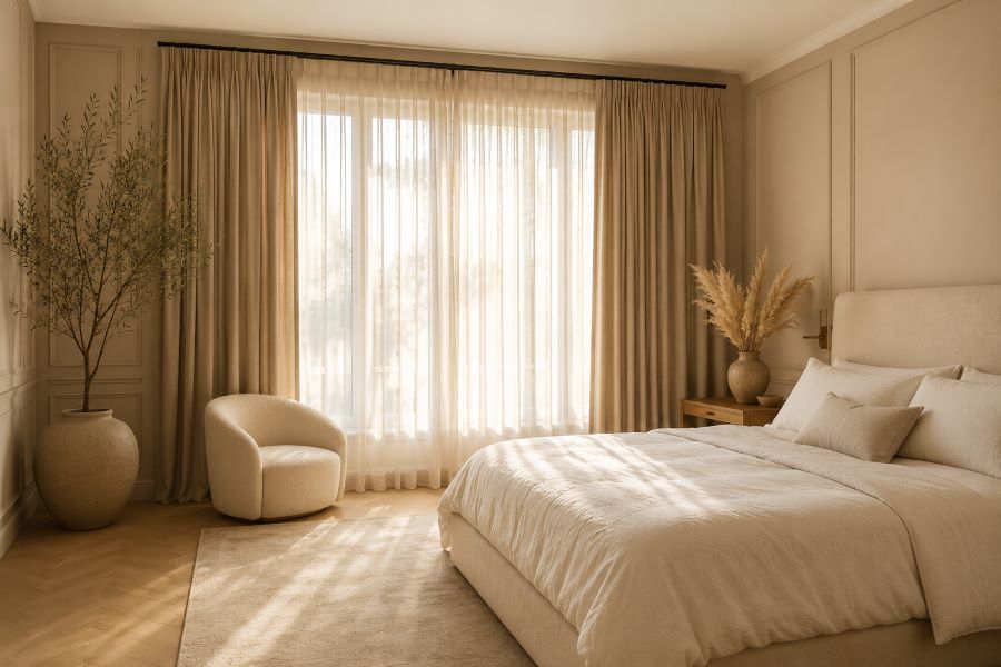 beige bedroom curtains sheer layers pampas grass decor