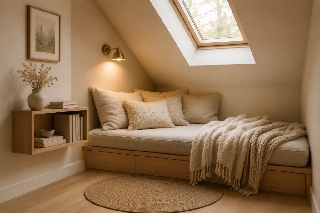 cozy beige attic corner with sloped ceiling daybed
