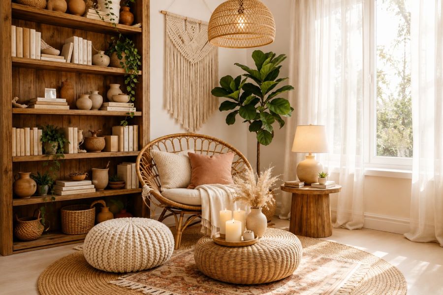 beige boho reading nook rattan chair macrame decor
