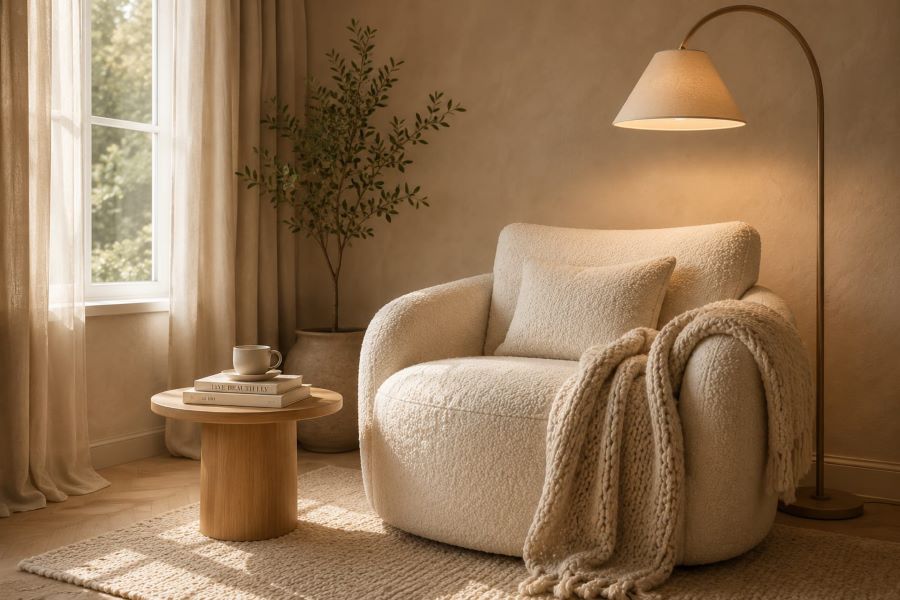 luxurious beige boucle chair cozy reading nook
