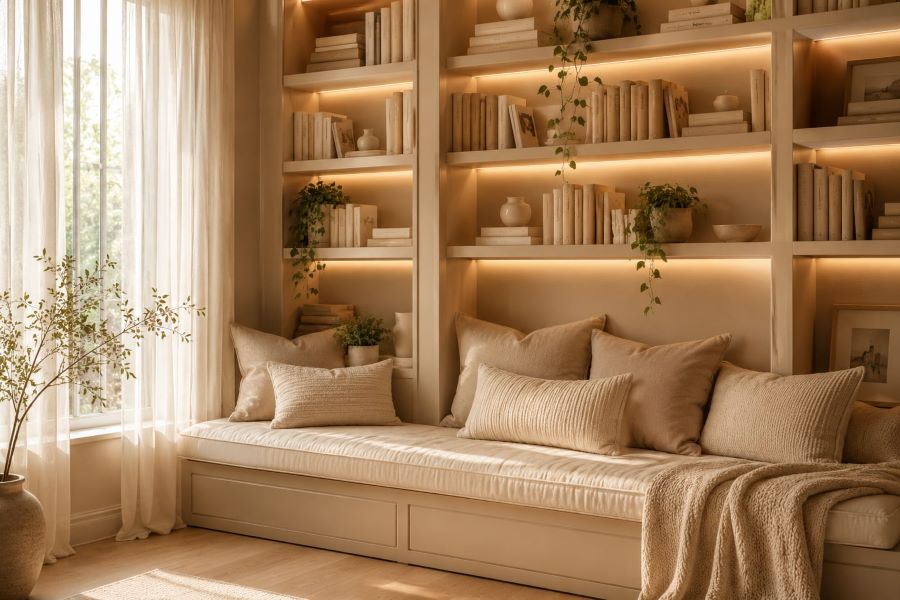 beige built-in bookshelf reading nook cushioned bench