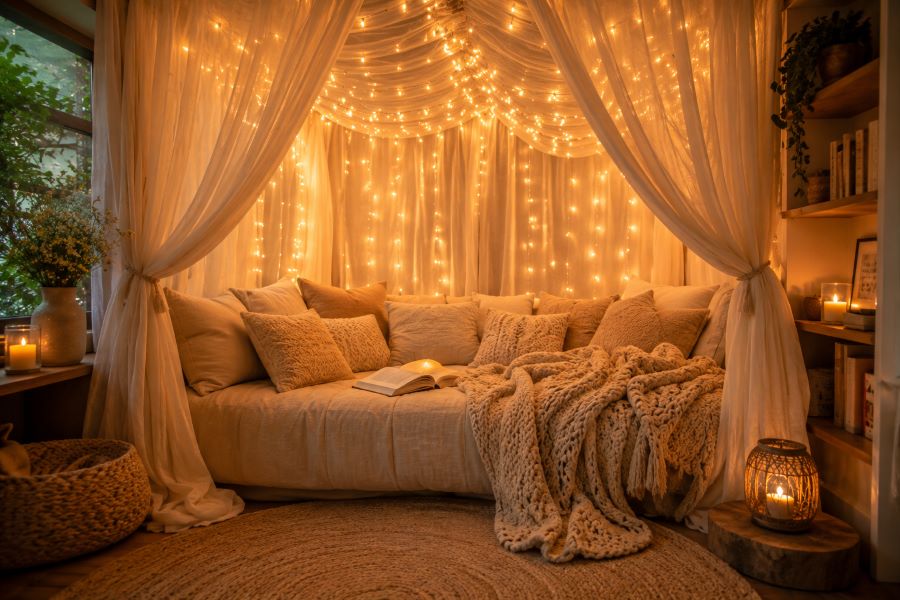 dreamy beige canopy with aesthetic fairy lights daybed

