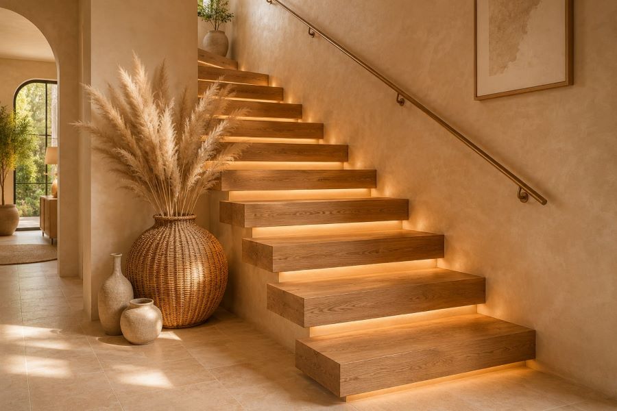 floating wood staircase decorating ideas withh pampas grass ceramic vases