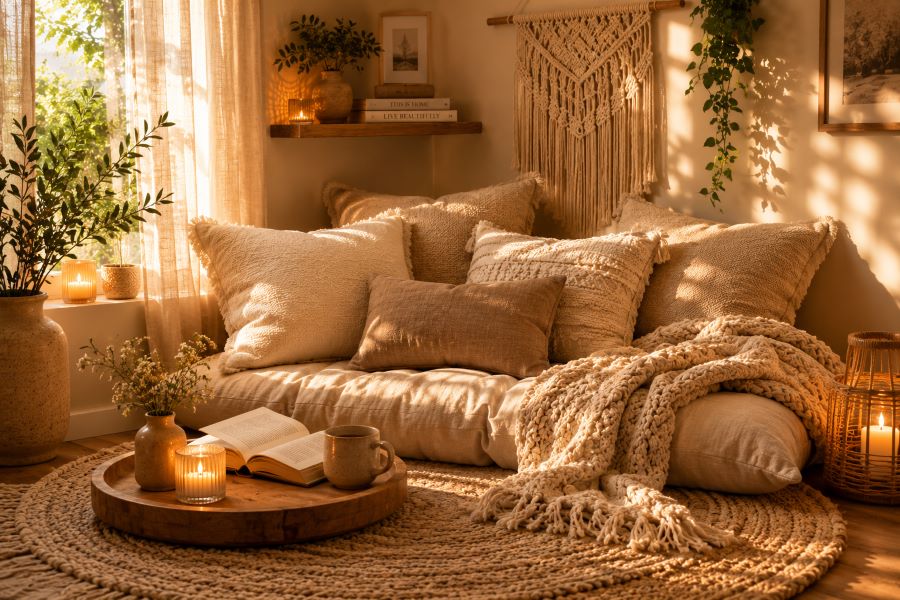 relaxed beige floor cushion reading nook jute rug
