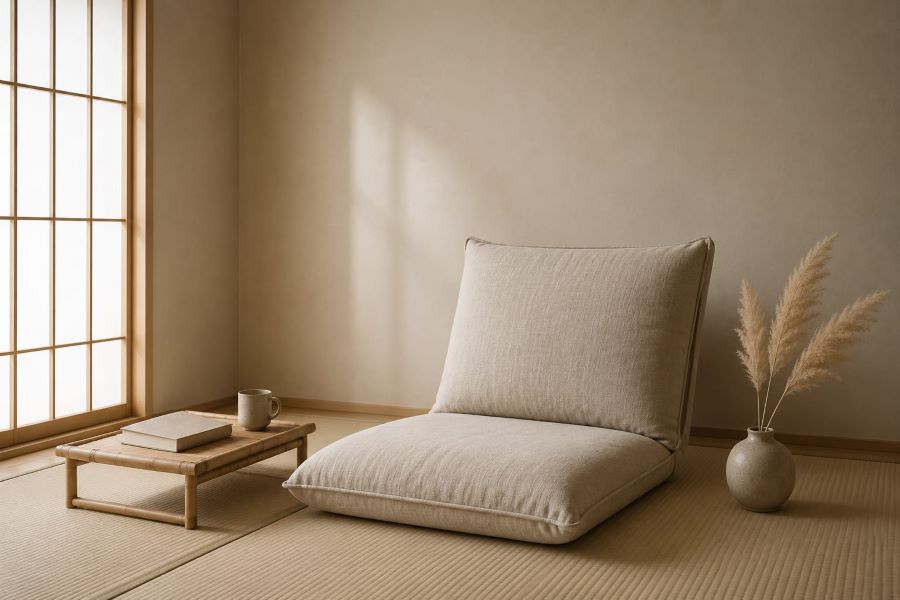 peaceful beige Japandi reading nook linen chair pampas