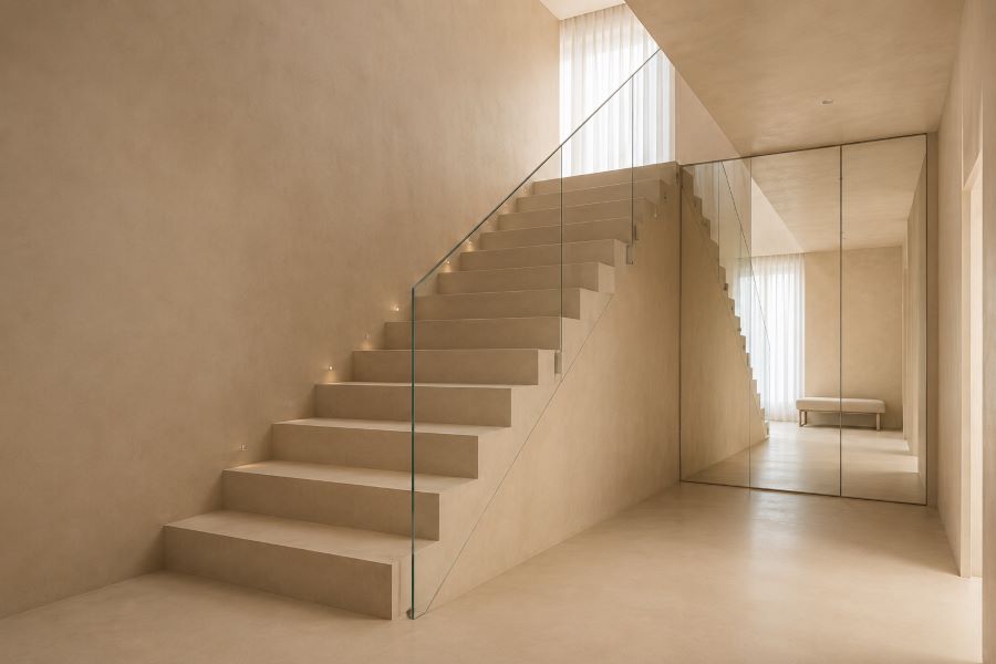 minimalist concrete staircase glass railing quiet luxury