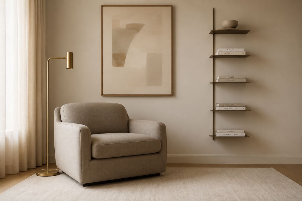 clean beige minimalist nook witharmchair lamp
