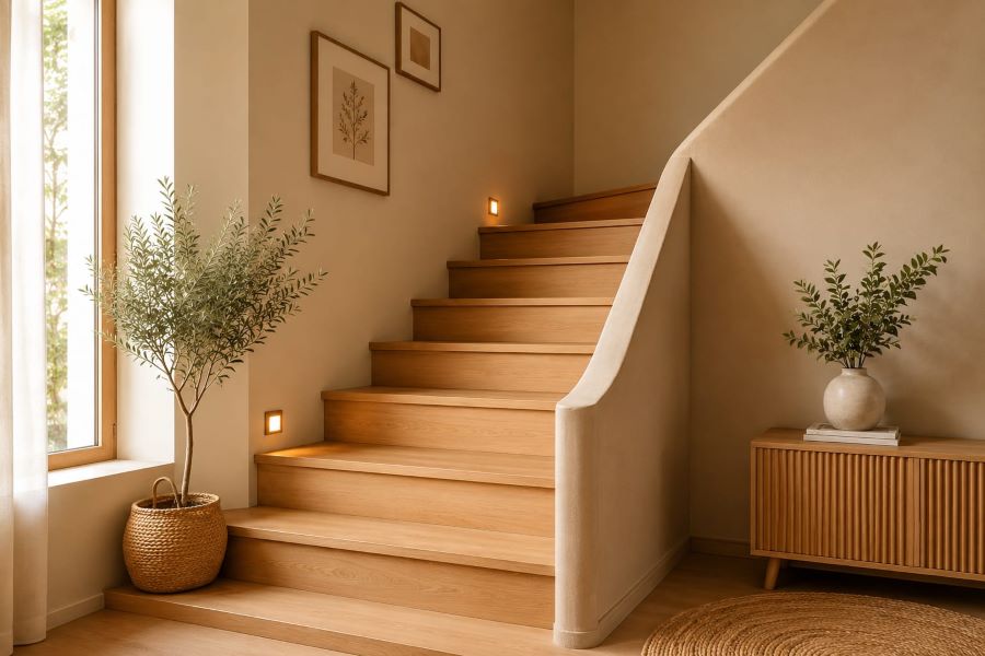 beige natural wood staircase decorating idea step lighting greenery decor