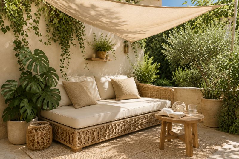  beige outdoor corner rattan daybed canopy plants