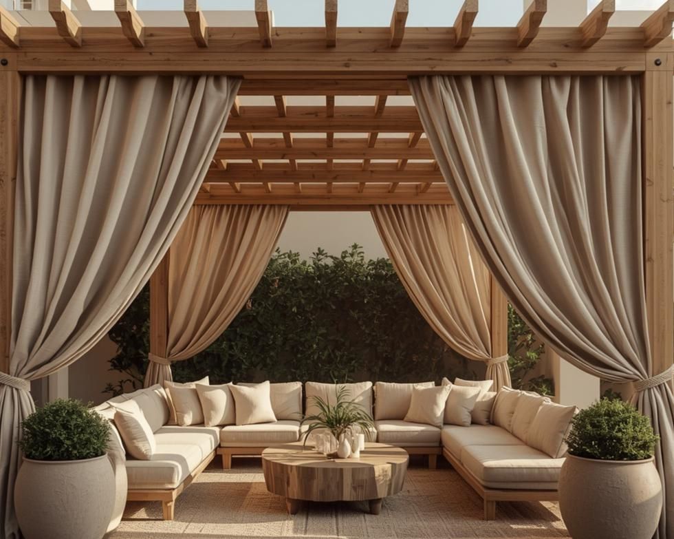 Beige pergola terrace with lounge seating
