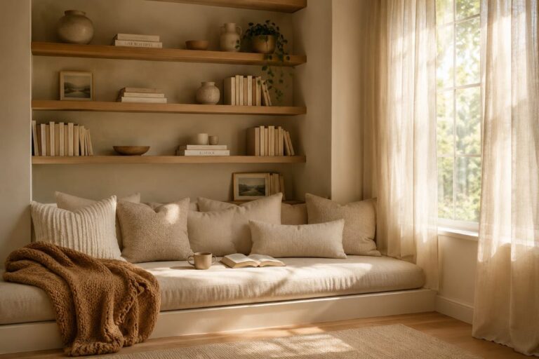beige window seat reading nook with cozy cushions