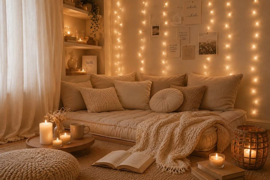 cozy beige reading nook fairy lights candles cushions