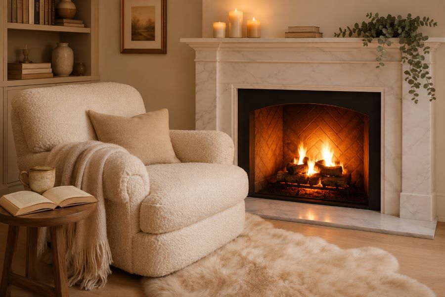 beige nook boucle chair beside lit fireplace
