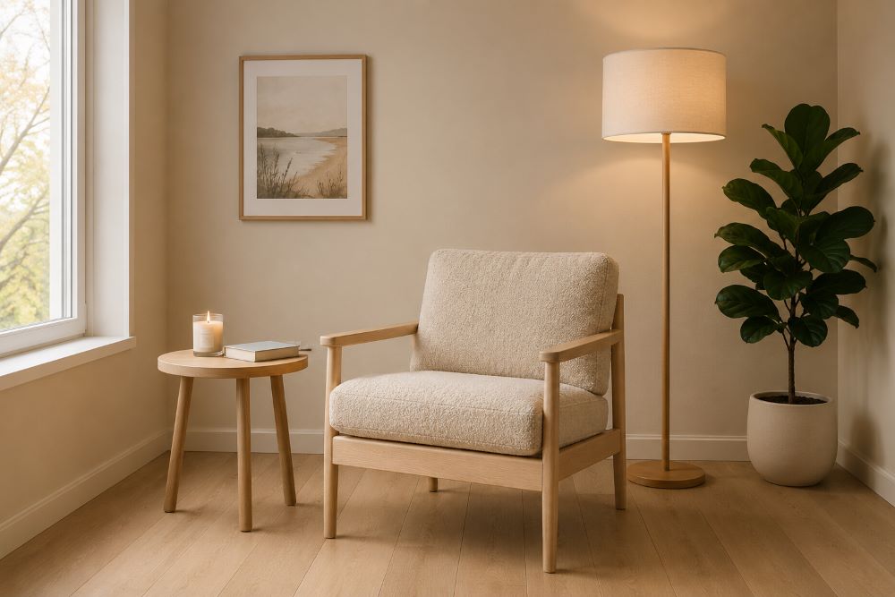 serene beige Scandinavian reading corner with wooden chair