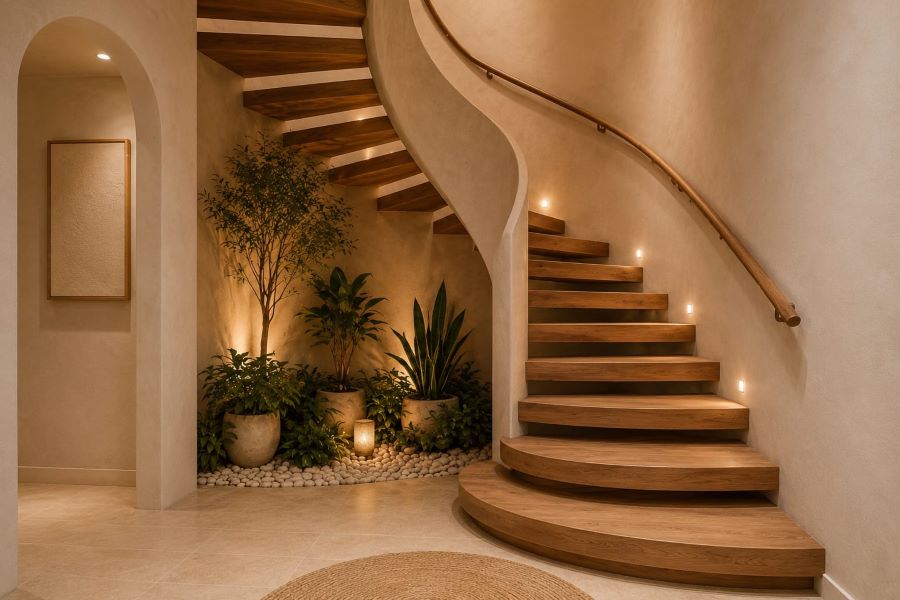  spiral staircase decorating ideas with indoor garden under staircase lighting