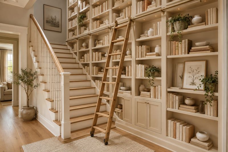 beige staircase floor to ceiling built-in bookshelf wall