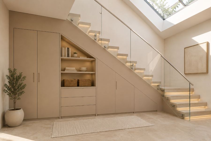 modern staircase with built-in storage under stairs LED lighting