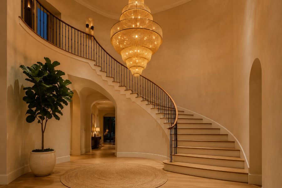 double height chandelier statement lighting decor staircase