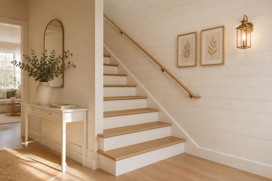 shiplap accent wall brass sconce decor ideas