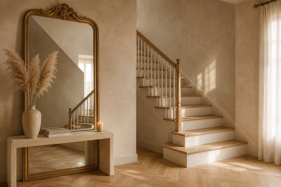 beige staircase vintage gold mirror console table styling