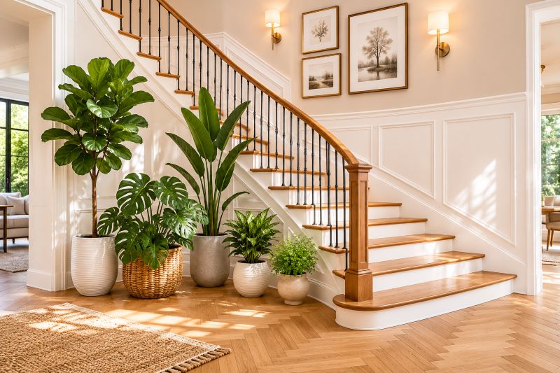 wainscoting potted plants gallery wall decor staircase decorating idea
