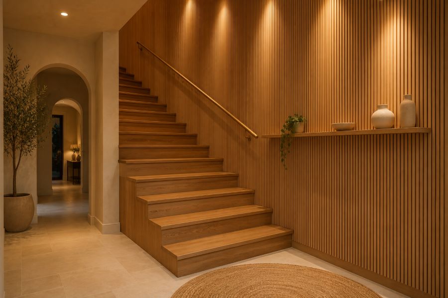 beige staircase vertical fluted wooden paneling brass railing
