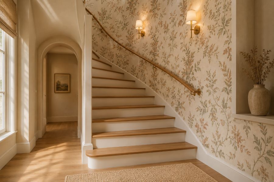 botanical wallpaper accent wall brass sconces design staircase