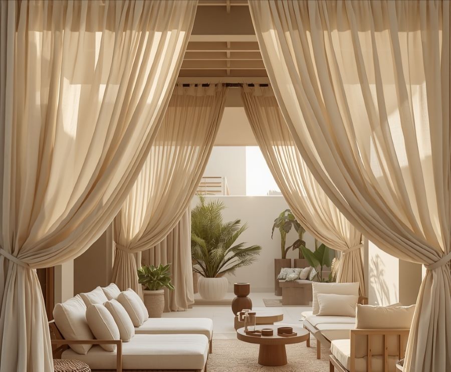 Beige terrace featuring flowing linen curtains