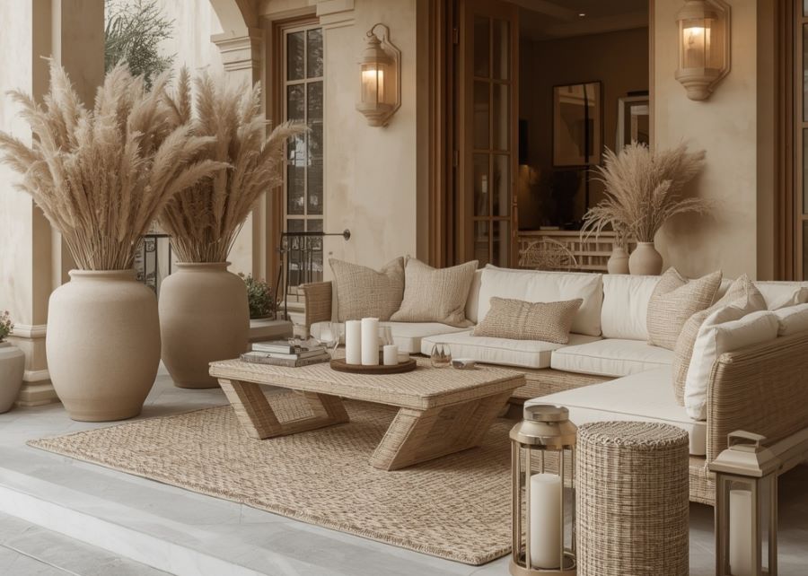 Beige terrace setup decorated with pampas grass