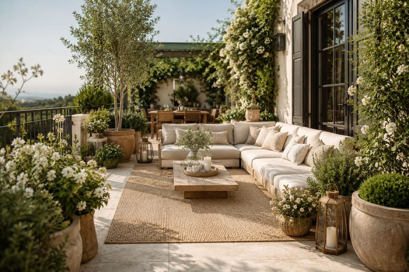Beige garden terrace with lush greenery
