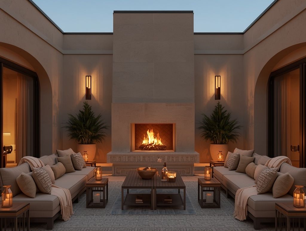 Moden centered around outdoor fireplace