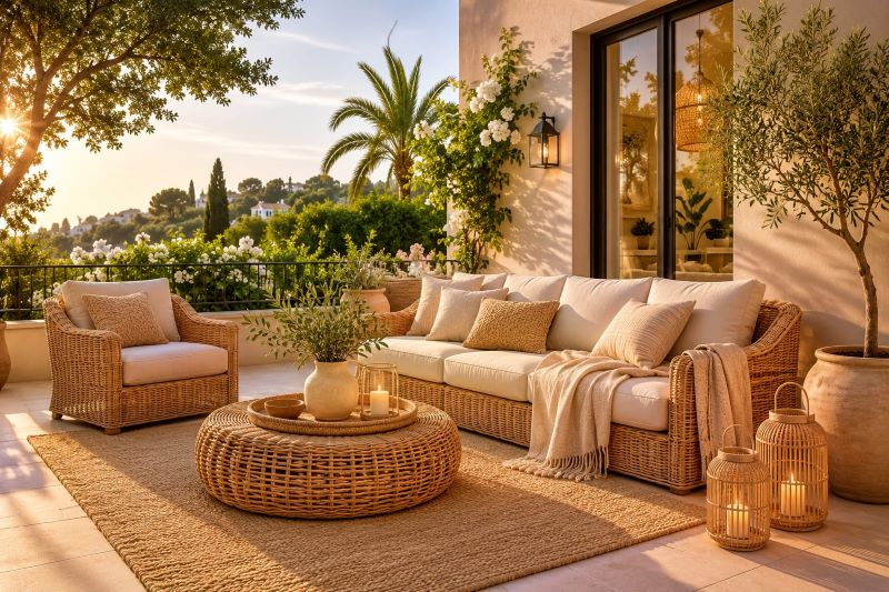 Terrace styled with rattan furniture and green plants