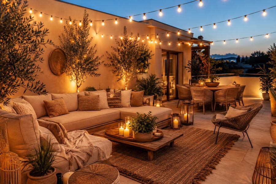 Beige terrace setup decorated with string lights
