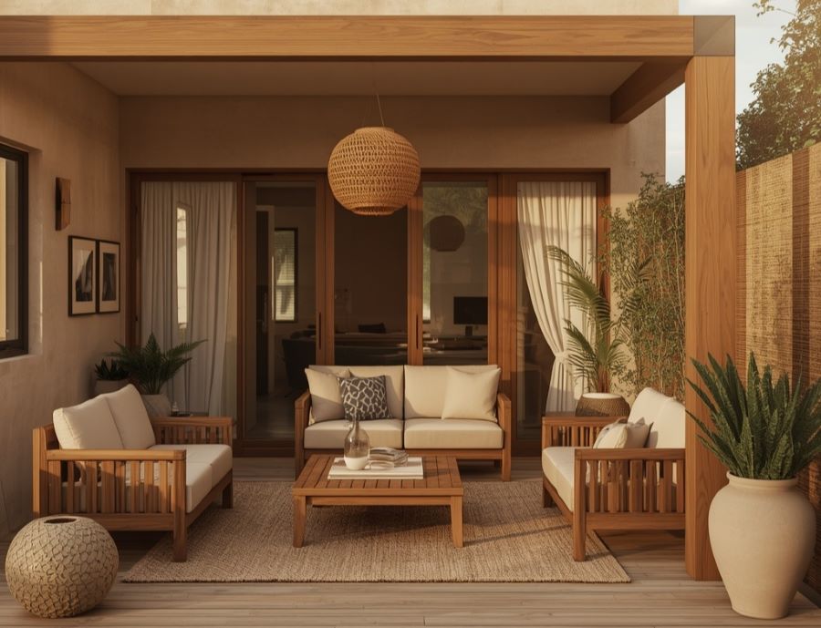 Beige terrace featuring natural wood details