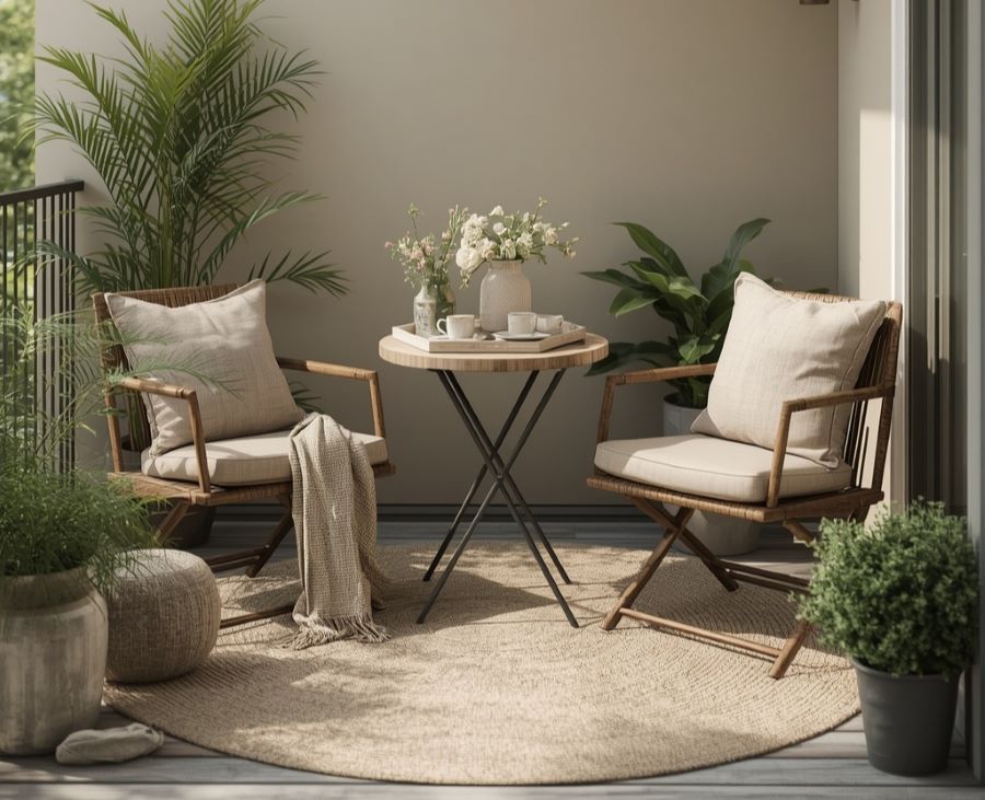 Cozy beige terrace decor ideas with coffee corner design
