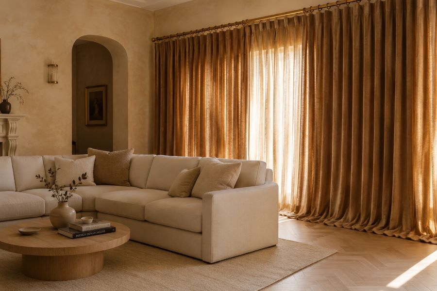 beige velvet curtains living room brass rod quiet luxury