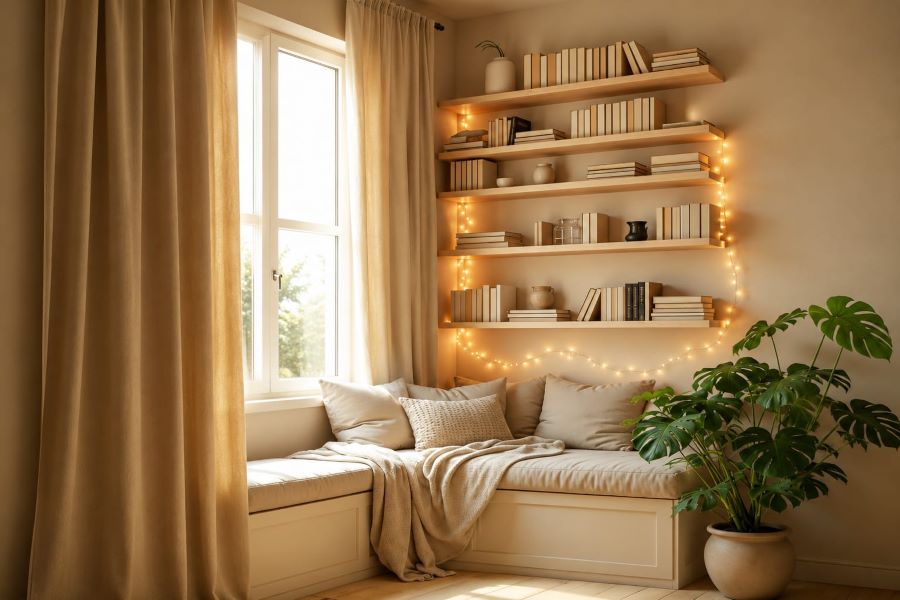 beige window seat reading nook with bookshelves
